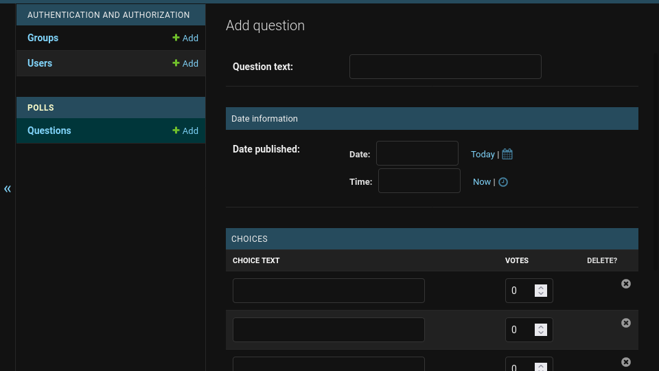 The Question admin interface